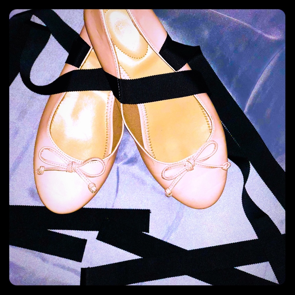 Express Light Pink Ballet Flats w/Black Ribbon Tie